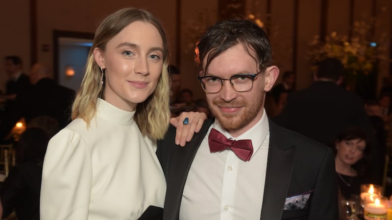Actress Saoirse Ronan with Nigel O'Reilly wearing one of his rings at the Ireland Funds Gala in New York  2019