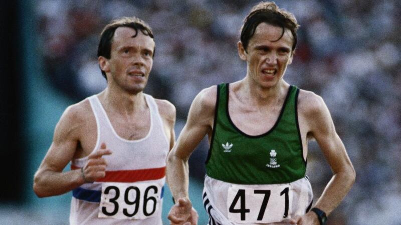 Silver medallist John Treacy leads bronze medal winner Charlie Spedding of Great Britain during the Marathon event at the Los Angeles Memorial Coliseum during the 1984 Olympics. Photograph: Tony Duffy/Getty