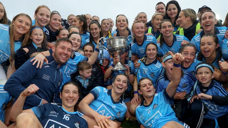 Dublin women celebrate their All-Ireland final win over Galway, which attracted a record crowd to Croke Park. Photograph: Bryan Keane/Inpho
