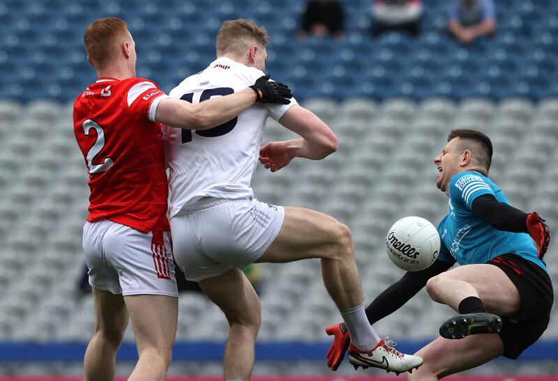 Louth's Niall McDonnell saving a shot from Daniel Flynn of Kildare in th 2024 semi-final at Croke Park. Photograph: Bryan Keane/Inpho