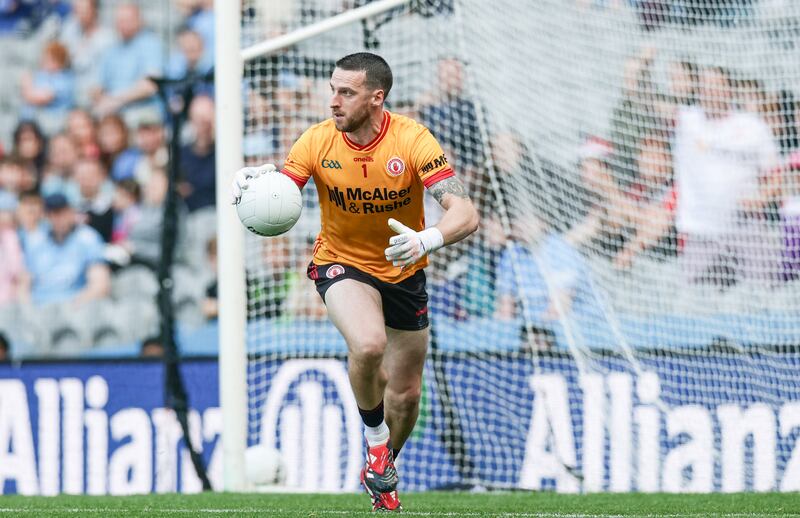 Tyrone goalkeeper Niall Morgan may see the Kerry press coming. Photograph: Tom Maher/Inpho