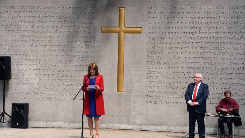 Joan Burton speaking during the James Connolly centenary commemoration at Arbour Hill on Sunday. Photograph: Cyril Byrne / The Irish Times