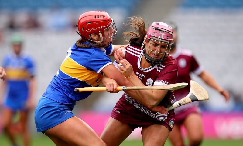 Galway’s Orlaith McGrath is challenged by Karen Blair of Tipperary. Photograph: Ryan Byrne/Inpho