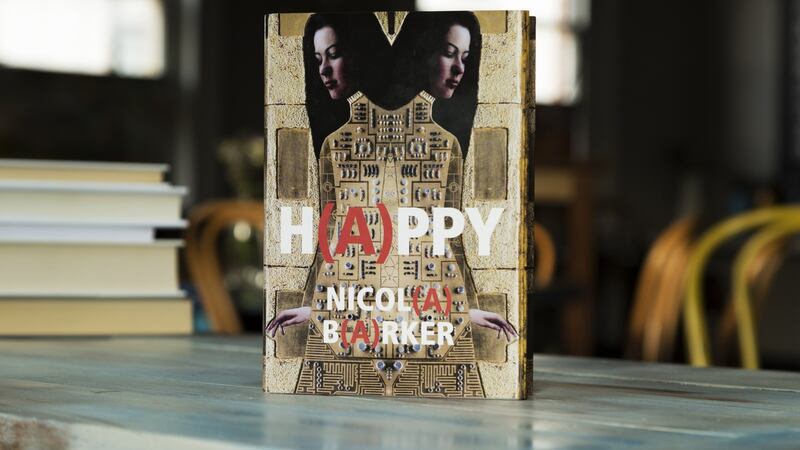 In H(a)ppy, her 11th novel, Barker breaks up lines with coloured words, injects spaces and diagrams, and finally carves symbols into the type as if the fabric of the text itself is breaking down