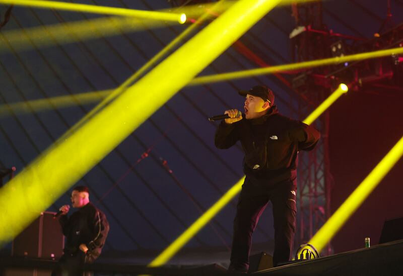 (Left) Móglaí Bap (Naoise O Caireallain) and Mo Chara (Liam Óg O hAnnaidh) of Kneecap. Photograph: Alan Betson 