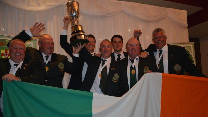 Ireland’s shore team celebrating their win in the Home International shore championship. From left: J O’Brien (manager), P Coady, A Mulcahy, J Carley, H McKee jnr, A O’Halloran (capt), and M Curtin.