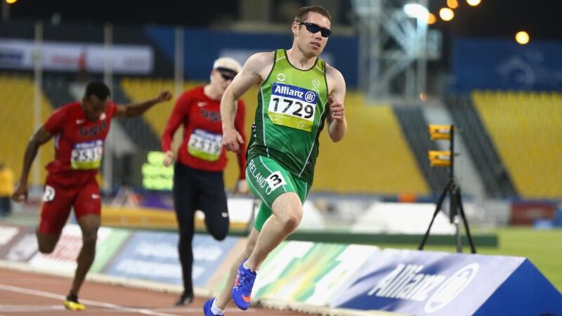 Ireland’s  Jason Smyth of Ireland wins the men’s 100m T13 final during  day three of the IPC Athletics World Championships at Suhaim Bin Hamad Stadium  in Doha, Qatar. Photograph: Francois Nel/Getty Images