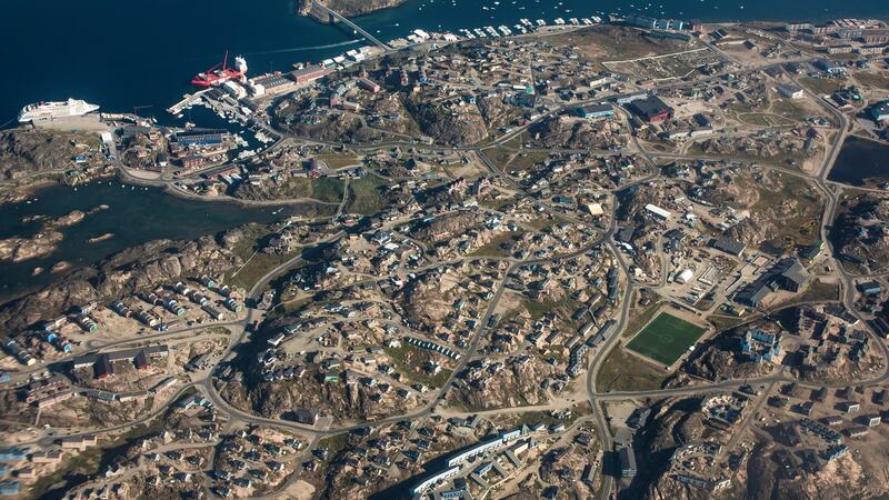 An aerial view of the soccer stadium in Sisimiut, Greenland, a town of about 5,500 people that lies 50 miles north of the Arctic Circle. Photograph: Kieran Dodds/New York Times