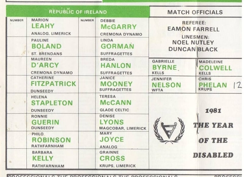 The squad sheet for the Republic of Ireland's match against England at Dalymount Park in May 1981, featuring Ronnie Guerin, more widely known as Veronica Guerin