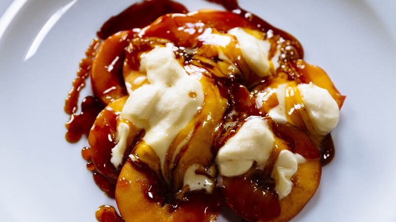 Nectarines with cream and caramel. Photograph: Emma Jervis