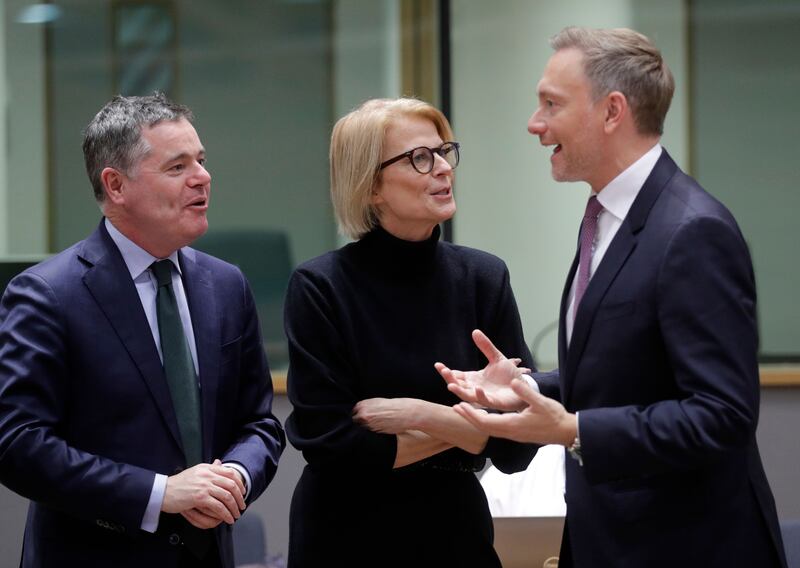 Paschal Donohoe at the start of a Eurogroup meeting of finance ministers, with fellow finance ministers Elisabeth Svantesson from Sweden and Christian Lindner from Germany. Photograph Olivier Hoslet/EPA