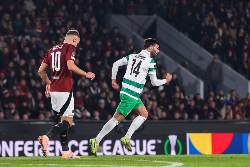 Rovers' Danny Mandroiu celebrates scoring his side's first goal of the match. Photograph: Ryan Byrne/Inpho