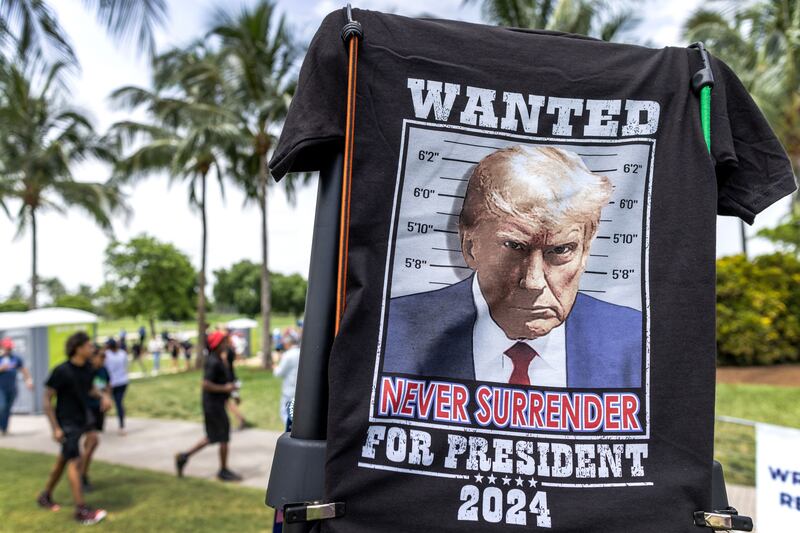 A T-shirt with a mugshot of Donald Trump on display in Florida. Photograph: Cristobal Herrera-Ulashkevich/EPA-EFE