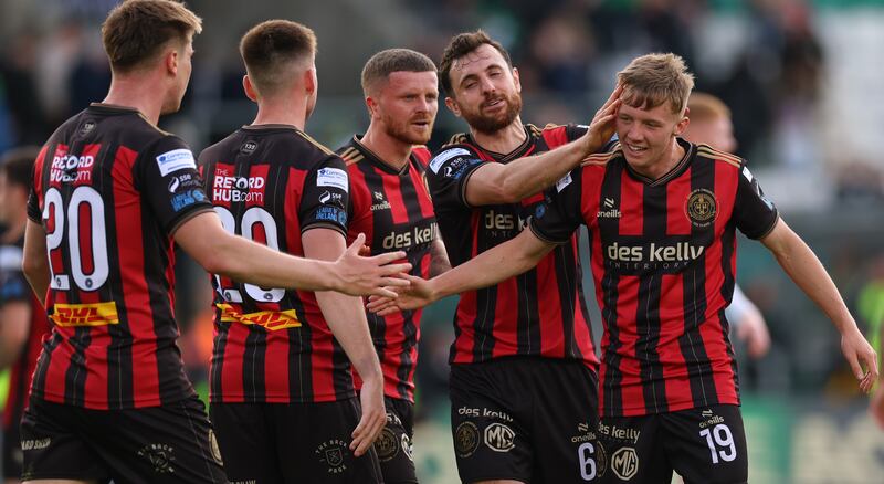 Bohemians celebrate after Rhys Brennan's goal against Shamrock Rovers at Tallaght Stadium on April 21st, which helped turn their season around. Photograph: James Crombie/Inpho