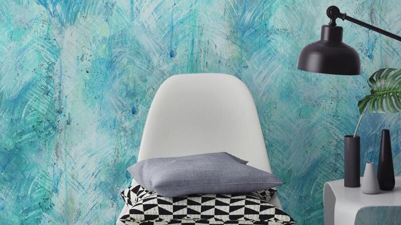 Nuala Goodman’s Drops wallpaper  features feathery fronds in lush turquoise-aqua blues.