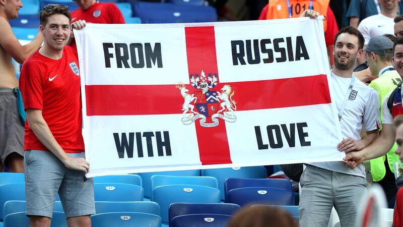 England fans celebrating victory over Panama at Nizhny Novgorod Stadium on June 24th. Photograph:  Alex Morton/Getty Images