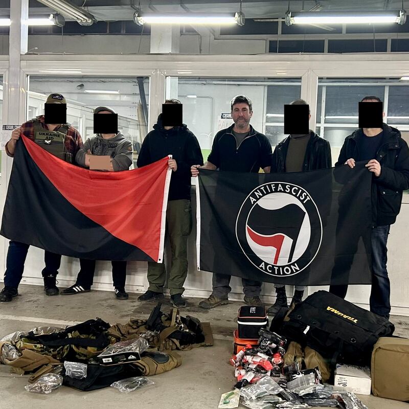 Achill man Finbar Cafferkey with other volunteers and aid for Ukraine in the warehouse of Anarchist Black Cross Galicja in eastern Poland. Photograph courtesy of ACK Galicja