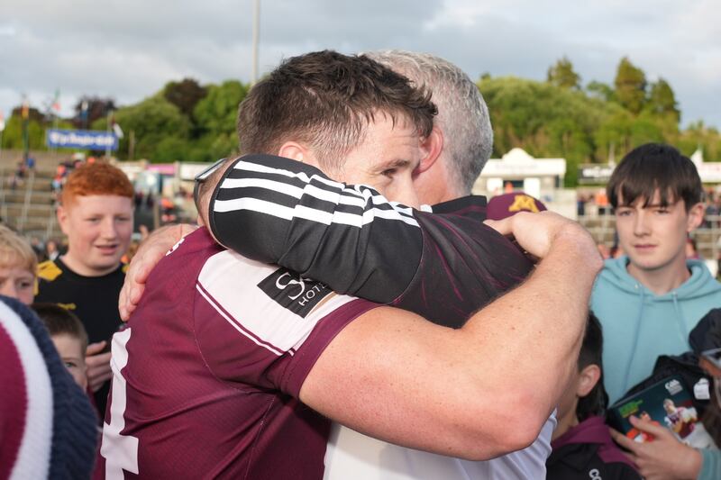 Shane Walsh celebrates with Galway manager Pádraic Joyce after the game. Photograph: James Lawlor/Inpho