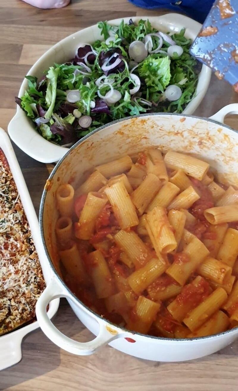 Kieran Glennon’s two meals in one: aubergine parmigiana with a crumble topping and rigatoni for the next day, made with the extra tomato sauce