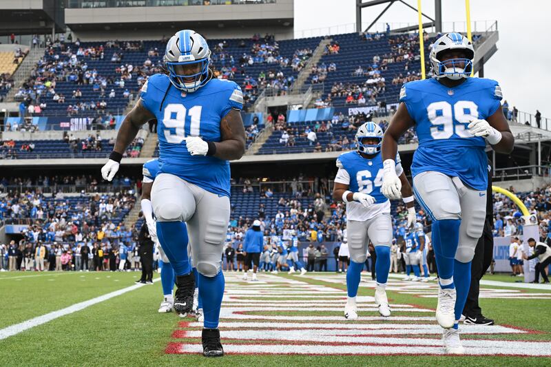Tyleik Williams (left) and Brodric Martin of the Detroit Lions warm up prior to the 2025 Pro Football Hall of Fame Game against the Los Angeles Chargers at Tom Benson Hall of Fame Stadium in Ohio. Photograph: Nick Cammett/Getty Images