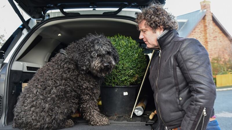 Diarmuid Gavin and Roxy the goldendooddle, departing for a road trip around Co Wicklow.