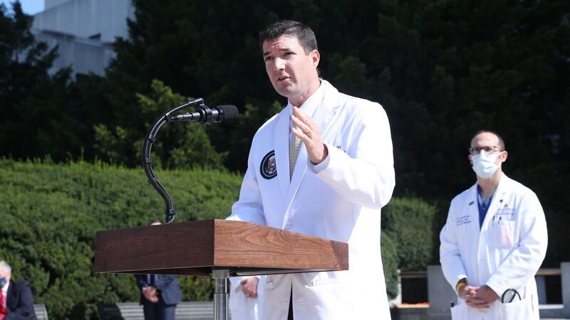 Sean P Conley, physician to the president, gives an update on the condition of President Donald  Trump at the Walter Reed National Military Medical Center in Bethesda, Maryland, on Sunday. Photograph: Michael Reynolds/EPA