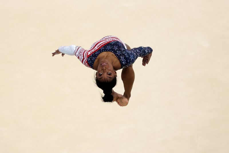 Simone Biles of Team United States competes in the floor exercise. Photograph: Patrick Smith/Getty