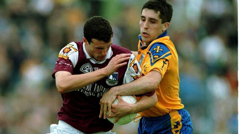 Galway’s Joe Bergin  in action against Roscommon’s John Hanley during the 2001 Connacht semi-final at Tuam. Photograph: Damien Eagers/Sportsfile