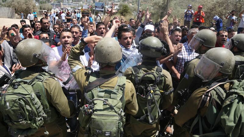 Palestinian protesters demonstrate against the separation wall and Jewish settlements at the Nebi Saleh village of Ramallah in West Bank on May 12th, 2017. Photograph: Issam Rimawi/Anadolu Agency/Getty Images