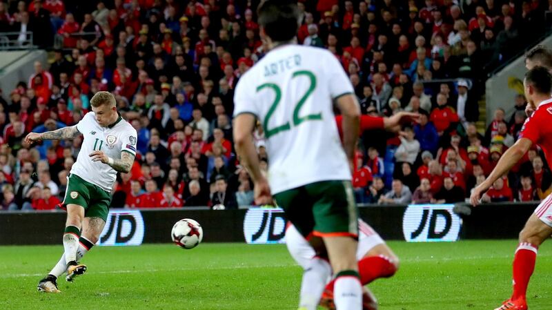 James McClean scores for the Republic of Ireland in the World Cup qualifier against Wales at the Cardiff City Stadium. Photograph: James Crombie/Inpho