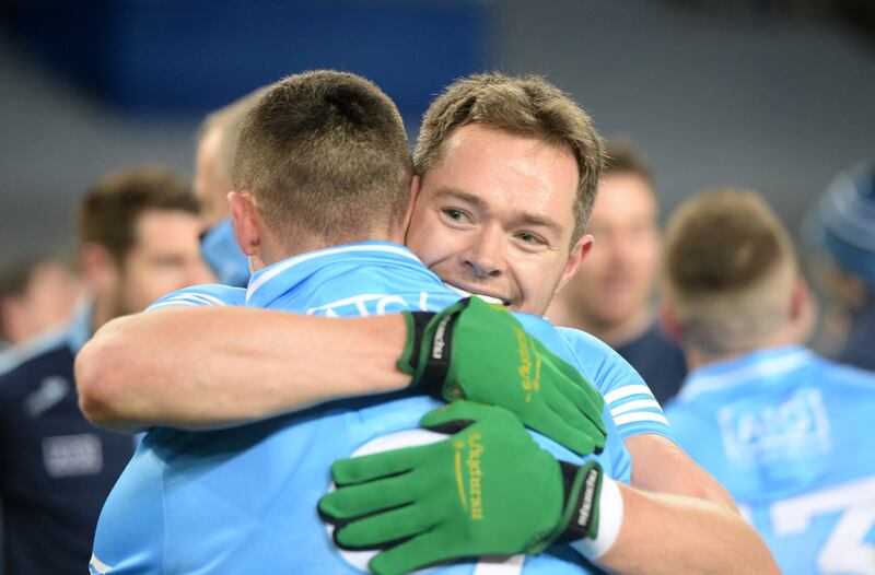  Rock and James McCarthy celebrating Dublin winning their sixth All-Ireland in a row in 2020. Photograph: Dara Mac Dónaill 








