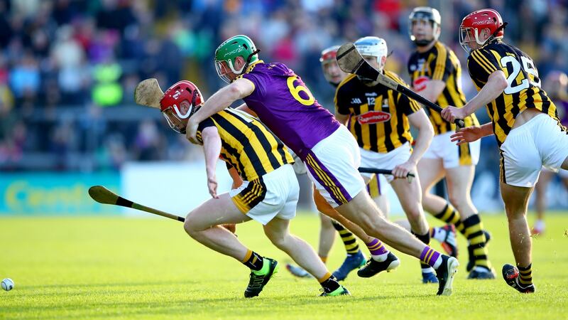 Matthew O’Hanlon of Wexford in action against Kilkenny’s Adrian Mullen during the Leinster SHC round-robin game at   Innovate Wexford Park. Photograph: James Crombie/Inpho