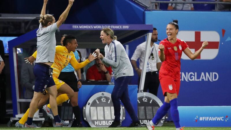 US manager Jill Ellis celebrates at the final whistle. Photo: Denis Balibouse/Reuters