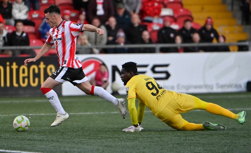 Derry City’s Danny Mullen rounds St Pat's goalkeeper Joseph Anang to score the winning goal in Monday's Premier Division clash at the Ryan McBride Brandywell. Photograph: Stephen Hamilton/Inpho