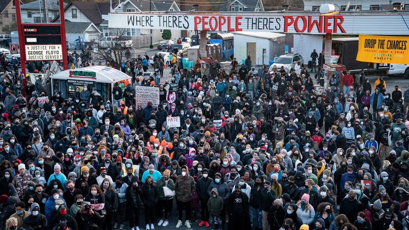 Demonstrators in Minneapolis gather outside to celebrate the murder conviction of former Minneapolis police officer Derek Chauvin in the killing of George Floyd on Tuesday. Photograph: John Minchillo/AFP