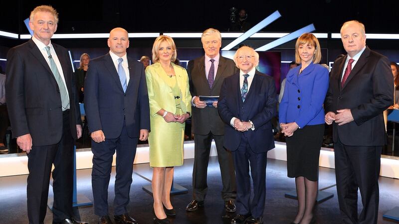Presidential candidates Peter Casey, Sean Gallagher, Liadh Ní Ríada, Michael D Higgins, Joan Freeman and Gavin Duffy pictured alongside Peter Kenny  at Virgin Media Television’s Presidential Debate.