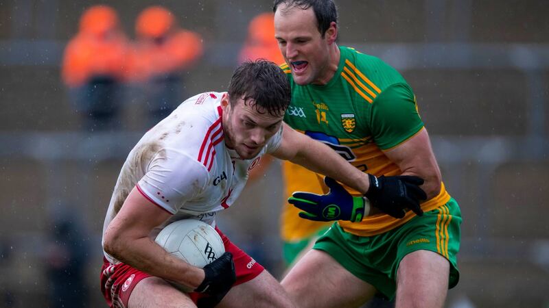 Michael Murphy challenges Brian Kennedy during Donegal’s win over Tyrone. Photograph: Morgan Treacy/Inpho