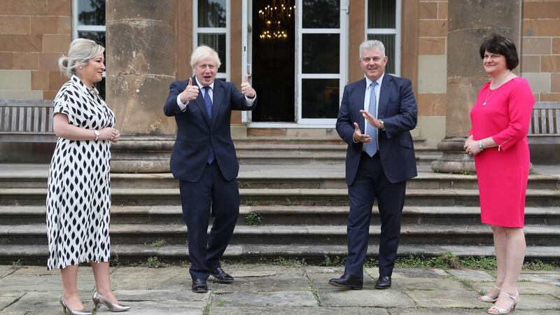 Deputy First Minister Michelle O’Neill, British prime minister Boris Johnson, Northern Secretary Brandon Lewis and First Minister Arlene Foster at Hillsborough Castle during Mr Johnson’s visit to Belfast. Photograph: Brian Lawless/PA Wire