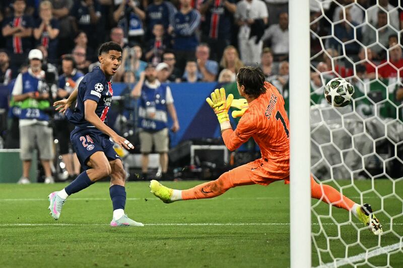 Senny Mayulu shoots past Inter Milan's goalkeeper Yann Sommer to score PSG's fifth goal. Photograph: Ina Fassbender/AFP via Getty Images