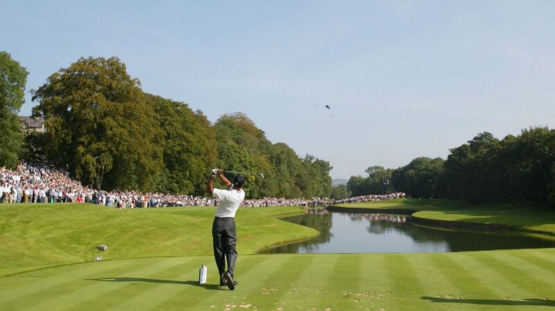 Tiger Woods hits his tee-shot on the third hole during the third round of the American Express Championship at Mount Juliet in 2002. Photograph: Laurence Griffiths/Getty Images