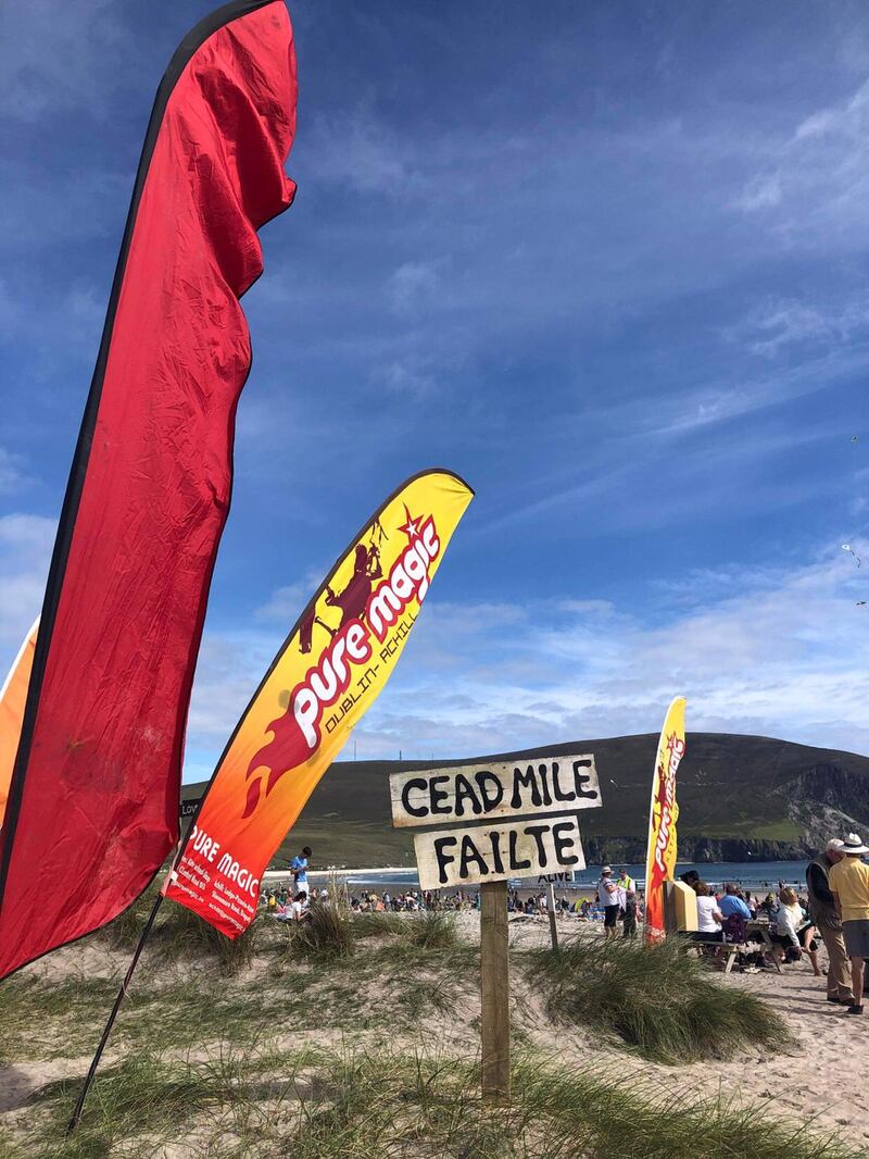 Keel Beach on Achill during the Mayo International Kite Festival: The event featured food and activity stalls and a stage with local and Ukrainian musicians and artists. Photograph: Kesaia Toganivalu
