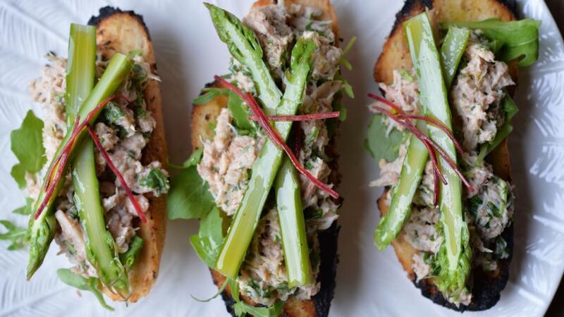 Crab and asparagus toasts. Photograph: Alan Betson