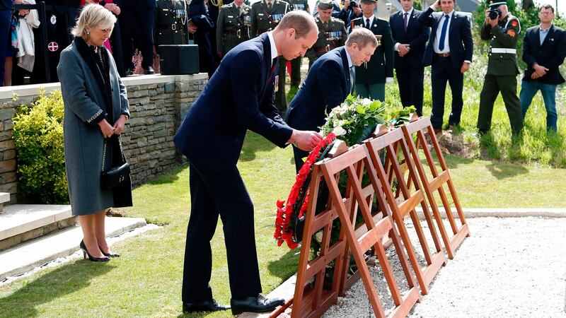 Britain’s Prince William, Duke of Cambridge, Princess Astrid of Belgium  and Taoiseach  Enda Kenny lay  wreaths during the Battle of Messines Ridge commemorations at the military cemetery in Wijtschate, Belgium, on June 7th, 2017. Photograph:  Francois Lenoir/AFP/Getty Images