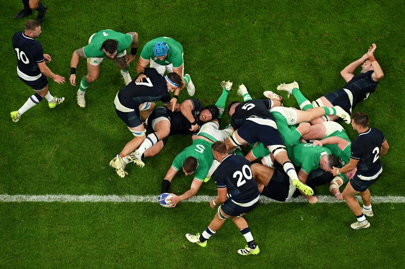 Iain Henderson scores Ireland's third try during the Rugby World Cup victory over Scotland at Stade de France in Paris, France. Photograph:  Matthias Hangst/Getty Images