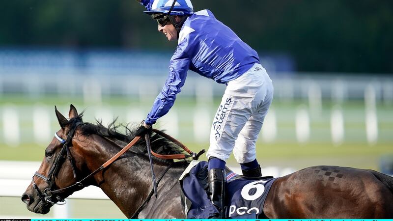 Jim Crowley riding Baaeed celebrates winning the Queen Elizabeth II Stakes. Photo: Alan Crowhurst/Getty Images