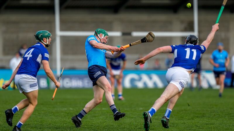 Dublin’s Cian O’Callaghan gets a shot away during the Leinster SHC match against Laois at Parnell Park. Photograph: Ben Whitley/Inpho