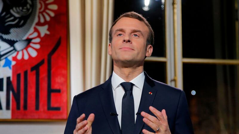 French president Emmanuel Macron in full flight during his new year address.  Photograph: Getty Images