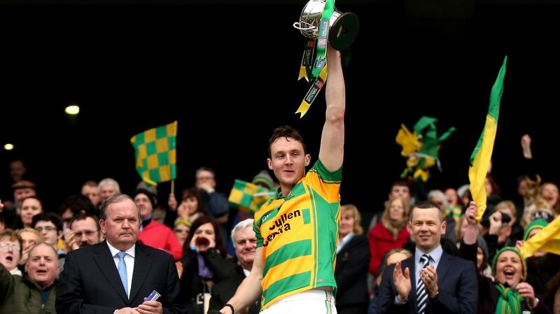 Bennettsbridge’s captain Robert Lennon lifts the trophy after t-he All-Ireland junior final win over Fullen Gaels in 2015. Photograph: James Crombie/Inpho