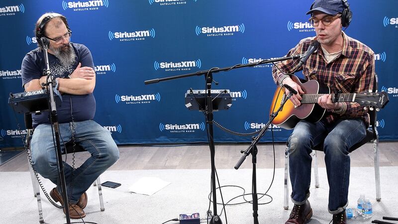 Steve Earle and Justin Townes Earle performing together on Steve Earle: Hardcore Troubadour Radio  on SiriusXM’s Outlaw Country in April 2017. Photograph:  Robin Marchant/Getty Images