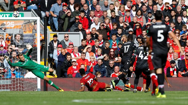 Christian Benteke misses a golden opportunity during Crystal Palace’s 1-0 loss at Anfield. Photograph: Martin Rickett/PA